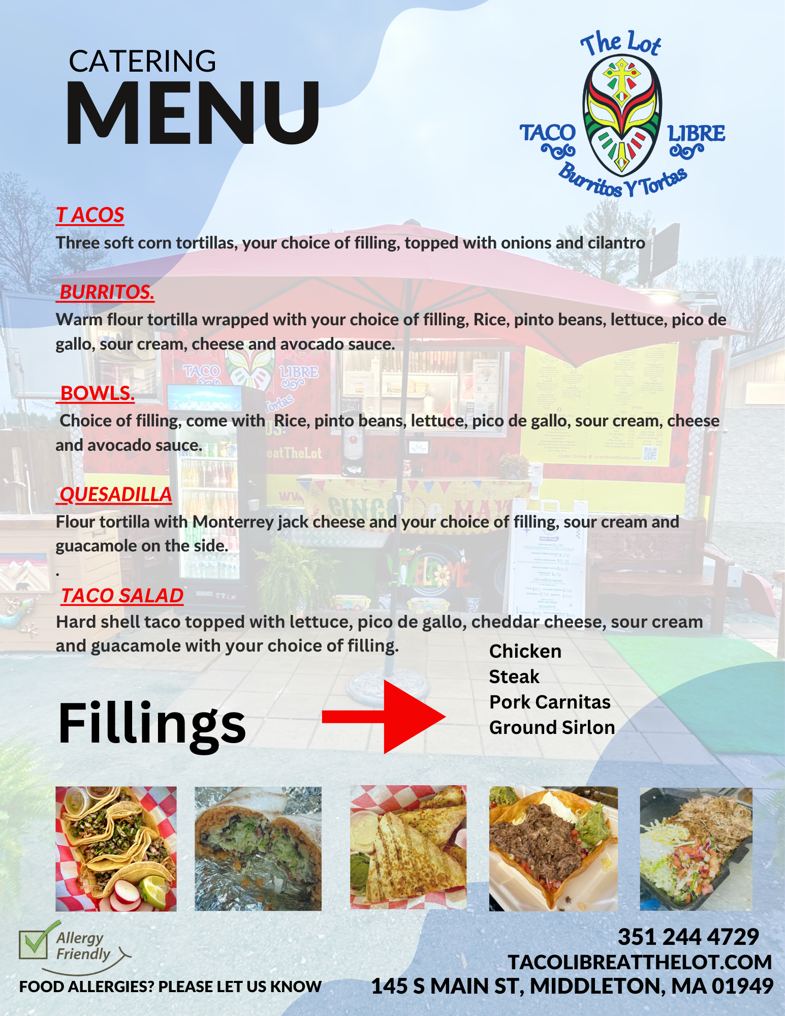 A catering menu flyer from "Taco Libre at the lot" featuring descriptions and images of various mexican dishes, including tacos, burritos, quesadillas, and flautas, with contact information for the establishment at.