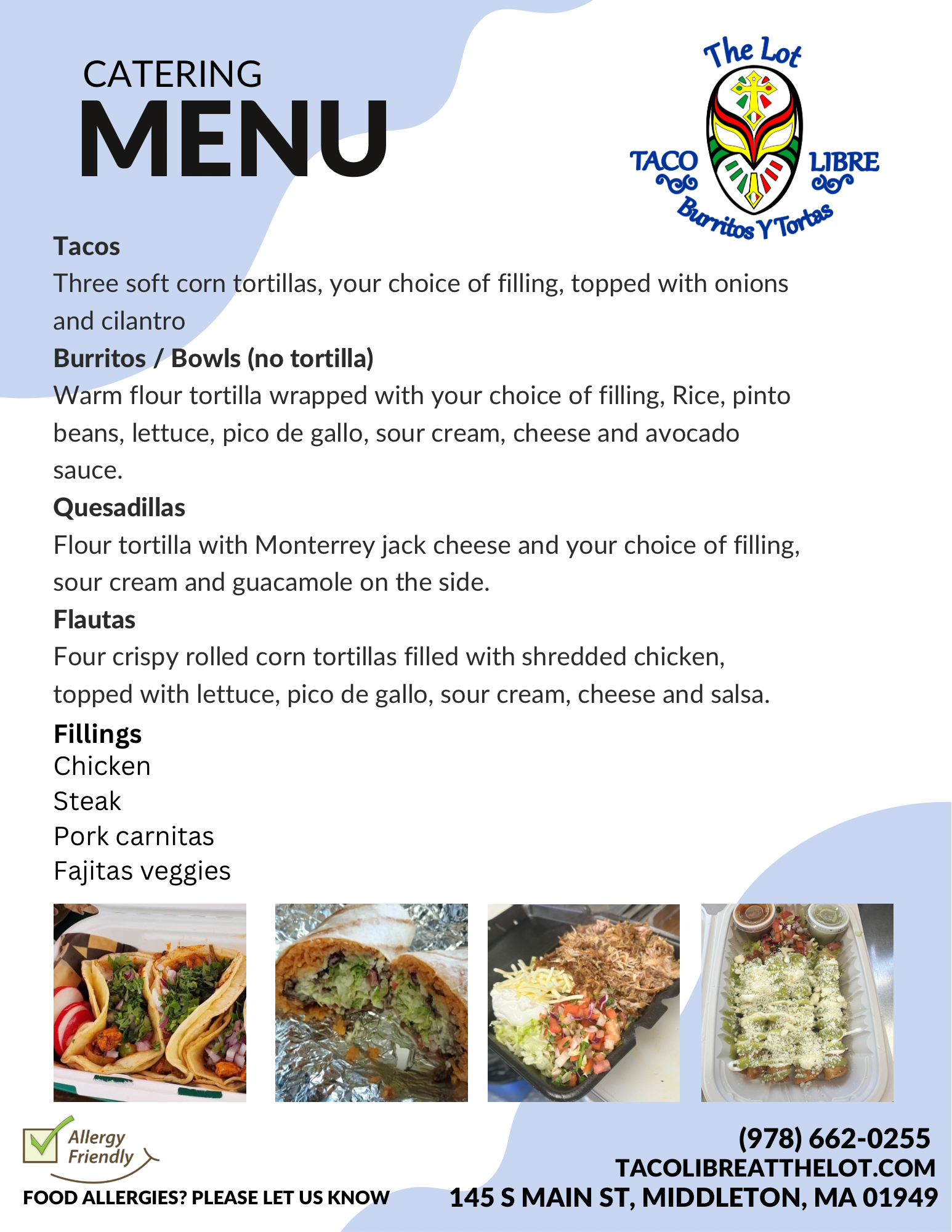 A catering menu flyer for "the taco libre," featuring an assortment of mexican dishes including tacos, burritos, and bowls with options for fillings like grilled chicken and pork carnitas, accompanied by images.